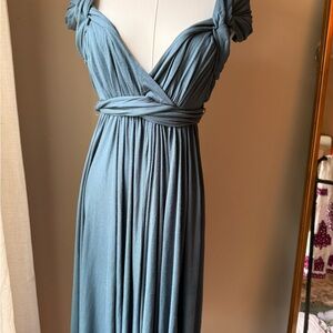 Lux Blue Ruched Wrap Gown for Wedding Guest